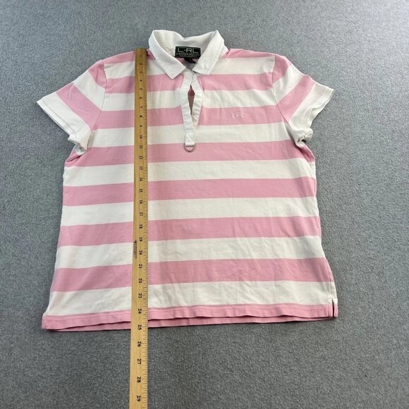 Lauren Ralph Lauren Polo Shirt Womens XL Pink White Striped Collared Rugby Top - Picture 9 of 11